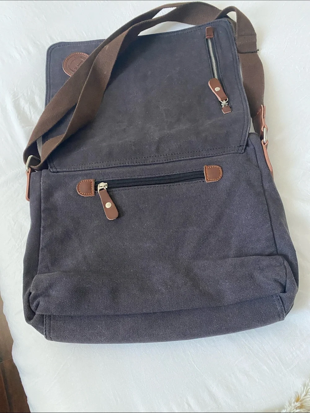 Black Canvas Messenger Bag with Brown Trim - Unbranded